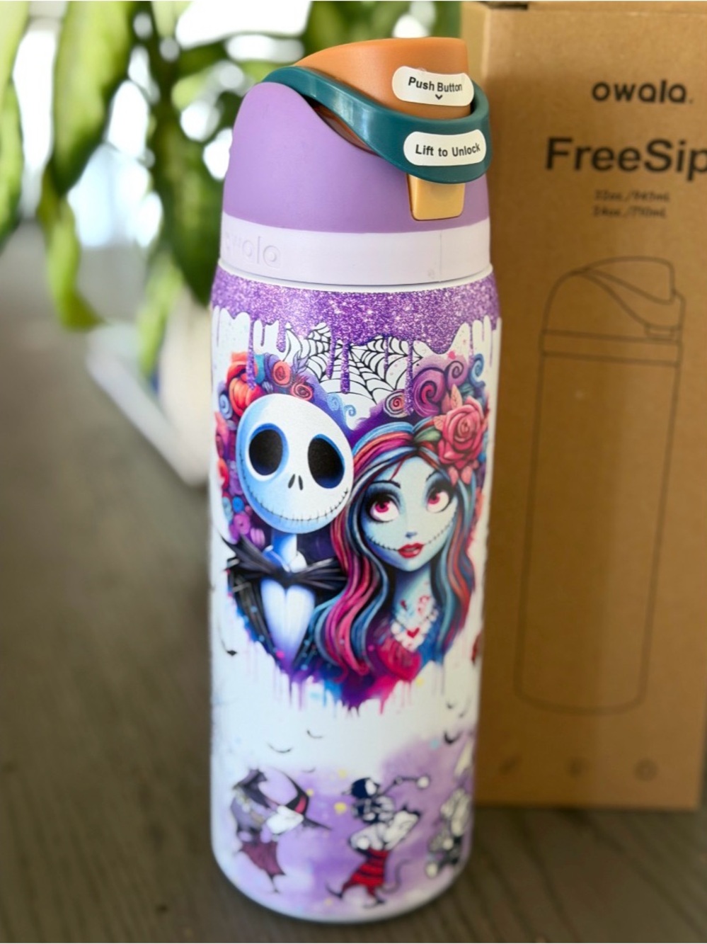 Owala FreeSip Purple Glitter Jack & Sally Themed Water Bottle